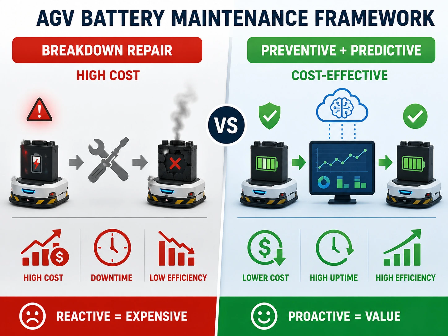 AGV Battery Maintenance: Predictive vs Preventive Strategies
